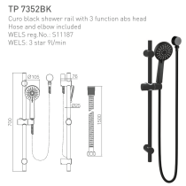 ECT Curo Black Shower Rail with 3 function abs head Hose and elbow included